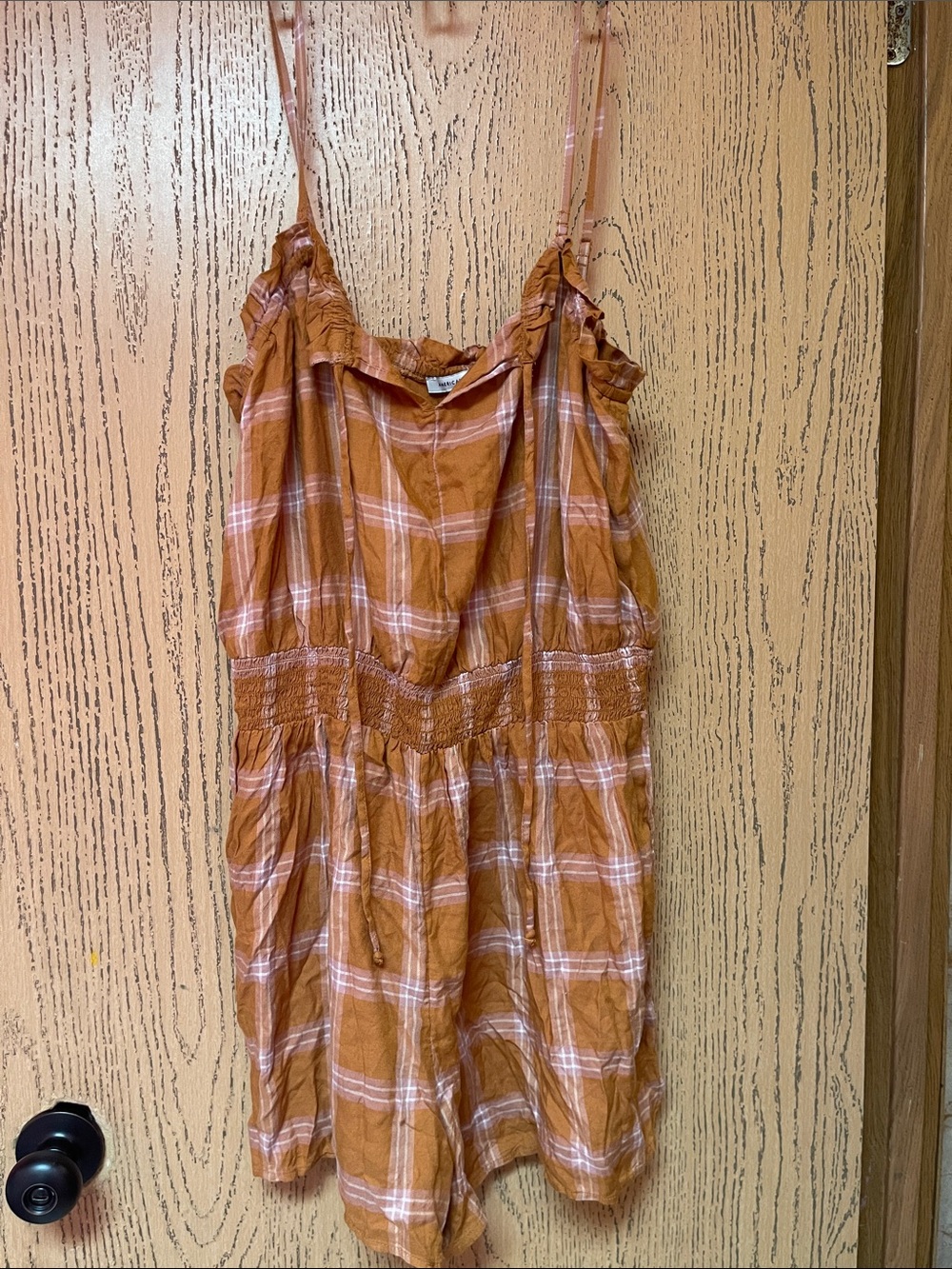 American Eagle Outfitters Rust Plaid Romper with Smocked Waist